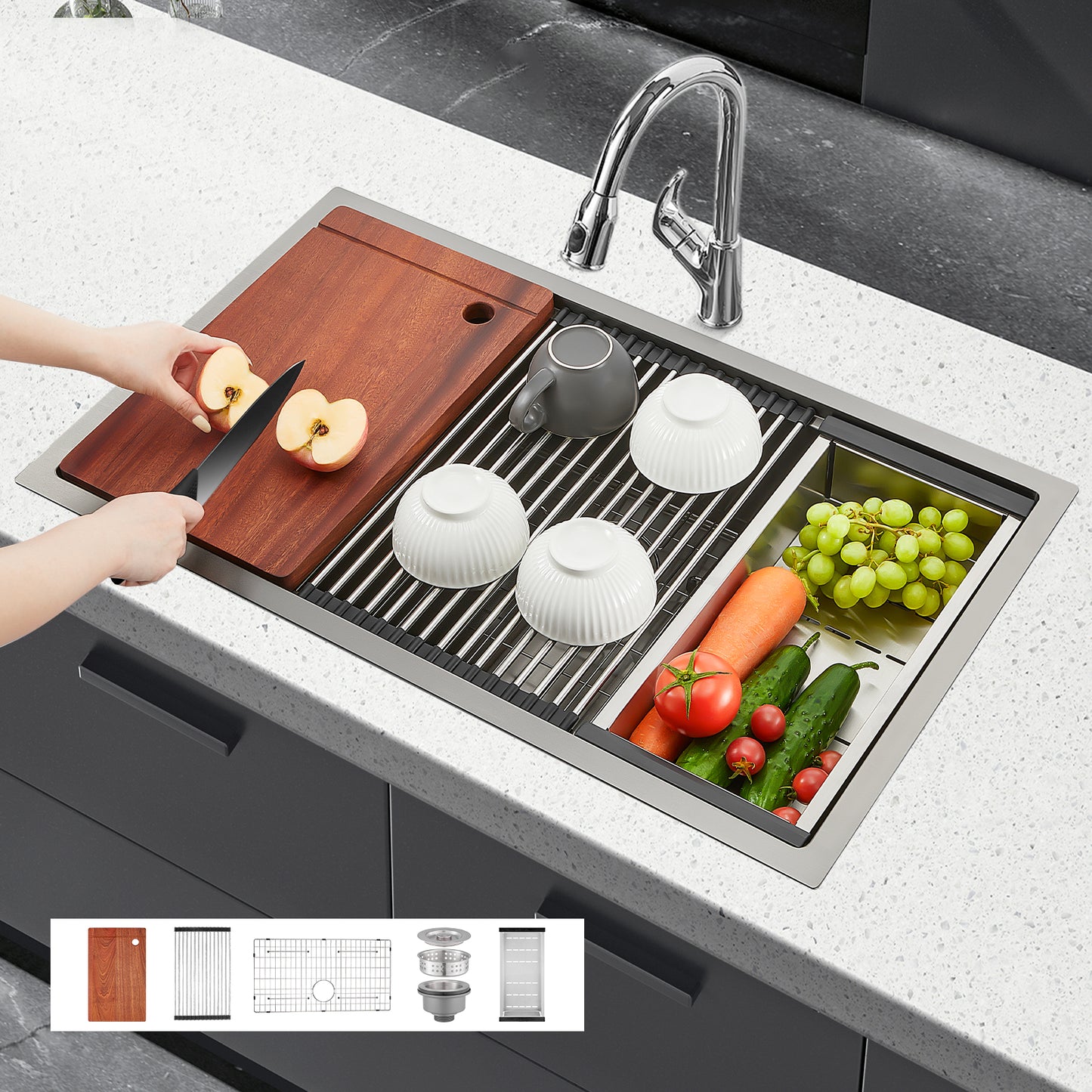 32" Farmhouse Single Basin Stainless Steel Sink, Undermount Kitchen Sink, 5-in-1