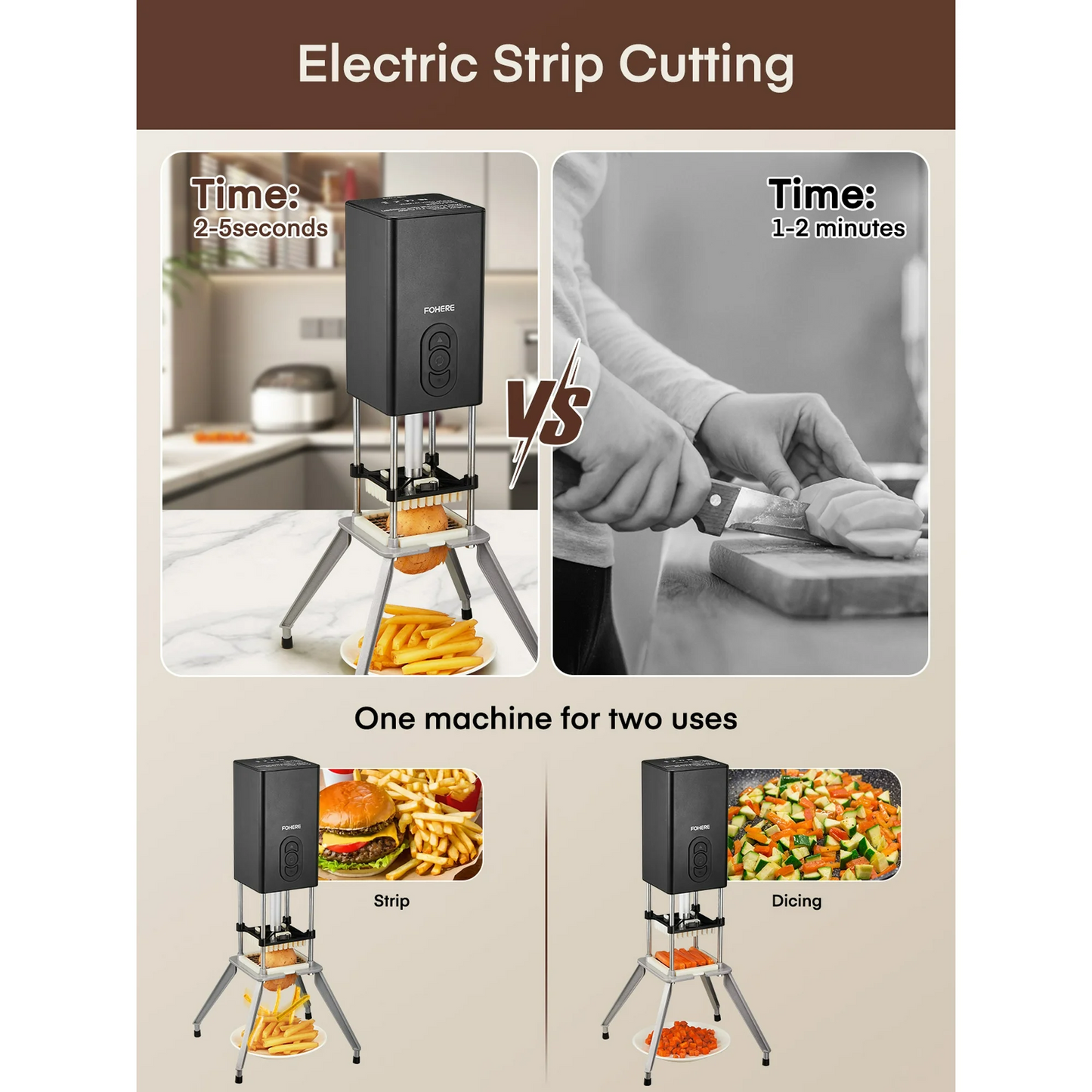 Electric French Fries Cutter, Professional Commercial and Home Use, Stainless Steel with 1/2 and 3/8 Inch Blades, Automatic Vegetable and Fruit Chopper (Black)