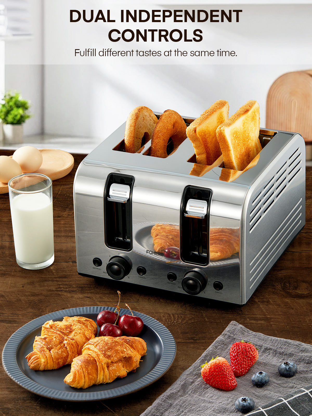 4-Slice Toaster -Stainless Steel Toaster Wide Slot, with Dual Control Panels, 6 Shade Settings, Removable Crumb Tray, Defrost, Reheat, Cancel