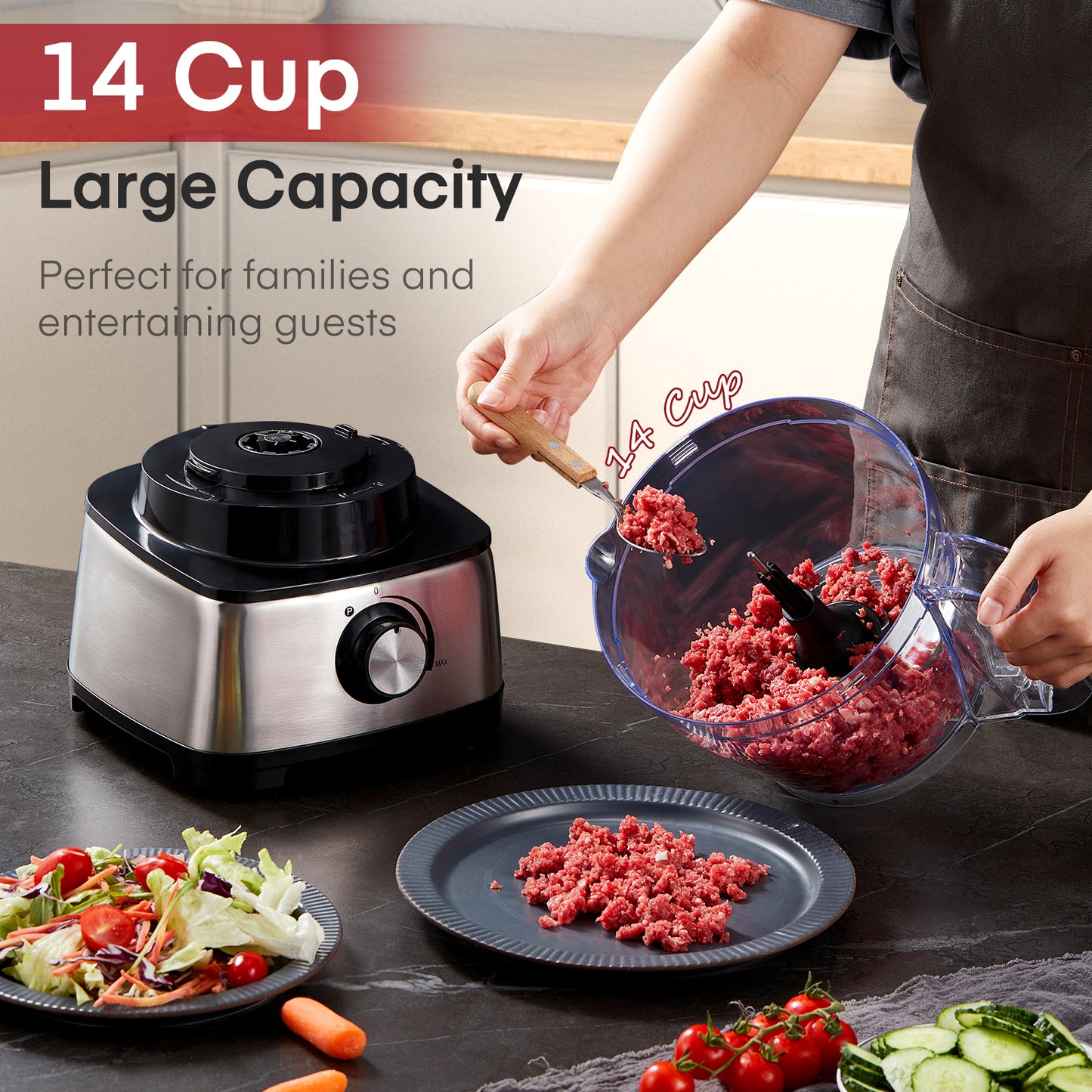Food Processor 14 Cup, 600w, 2016W Peak Motor, 6 Functions for Shredding, Slicing, Doughing, Emulsifying and Juicing