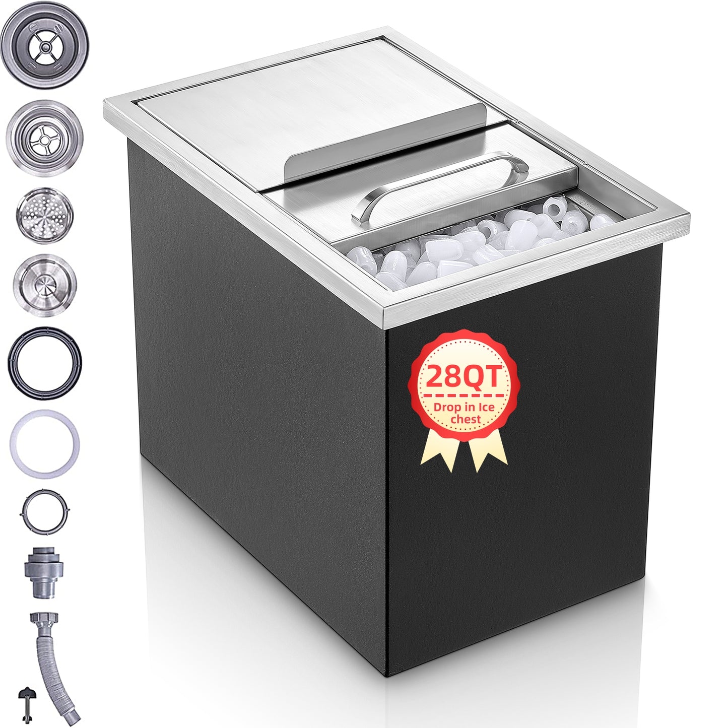 Drop in Ice Chest, 18" x 12" x 14.5", 28Qt Stainless Steel Ice Cooler with Sliding Lid