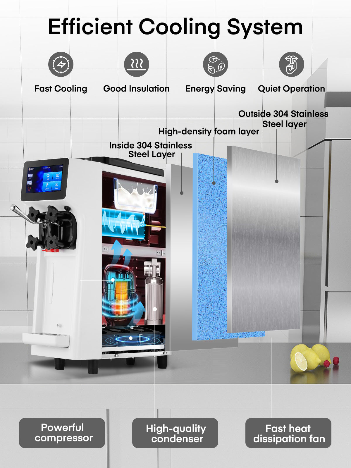 Commercial Ice Cream Maker 2.6-5.3 Gal/H Yield, Pre-cooling 1000W Soft Serve Ice Cream Machine, 1000W 4.5L Hopper 1.6L Cylinder Touch Screen Auto Clean, for Café Snack Bar Food Truck Restaurant, White