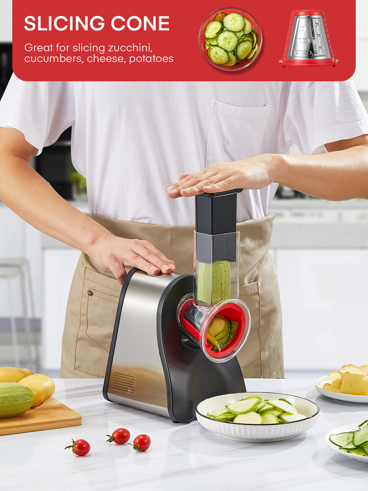 4 in 1 Electric Vegetable Grater 150W Electric Grater for Fruit and Vegetables, Ideal for Cheese, Cucumber, Carrot