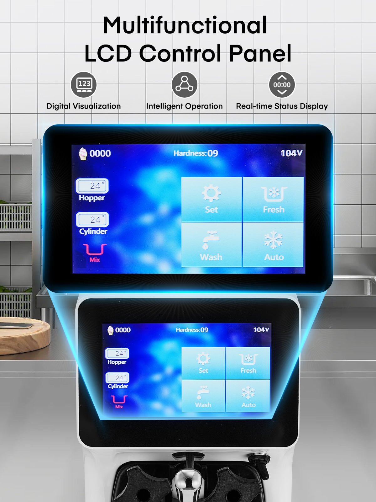 Commercial Ice Cream Maker 2.6-5.3 Gal/H Yield, Pre-cooling 1000W Soft Serve Ice Cream Machine, 1000W 4.5L Hopper 1.6L Cylinder Touch Screen Auto Clean, for Café Snack Bar Food Truck Restaurant, White