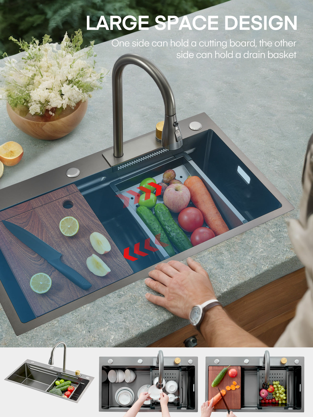 31.5" Waterfall Stainless Steel Kitchen Sink Set with Pull-Down Dual Temperature Control Faucet