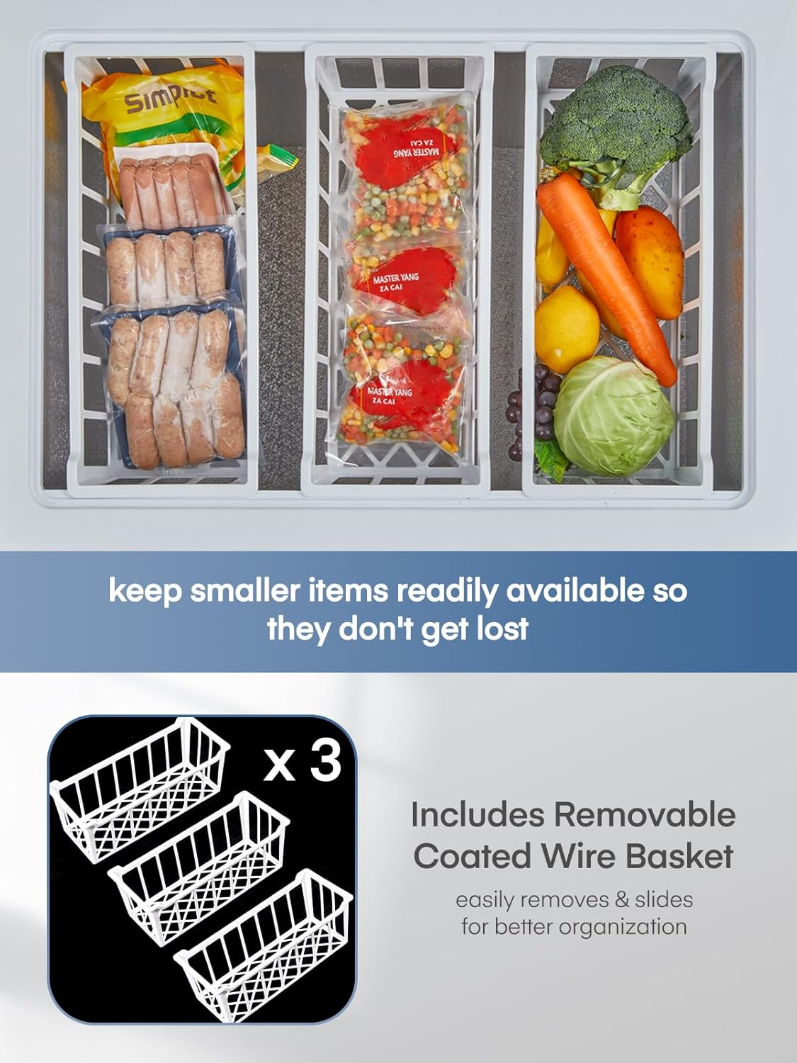 Chest Freezer 7 Cu Ft - 3 Removable Baskets - Quiet Compact Freezer - White