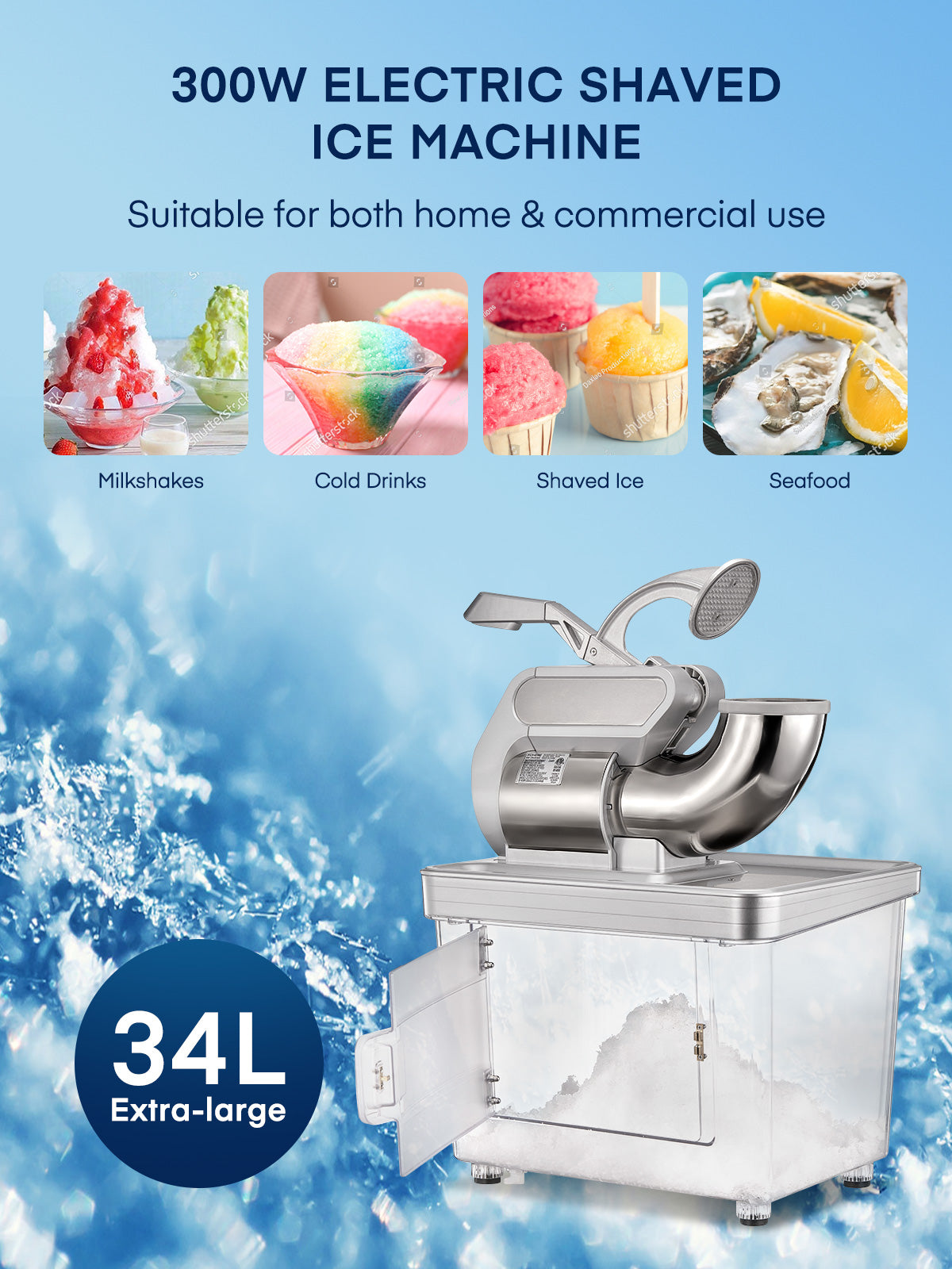 Ice Crusher 660LBS/H, 300W Electric Snow Cone Machine with Dual Blades, Stainless Steel Shaved Ice Machine