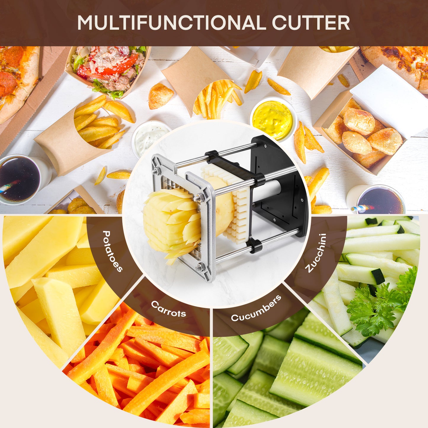 Electric French Fry Cutter, French Fries Cutter with 1/2 & 3/8 Inch Stainless Steel Blade, Home Potato Cutter for Potatoes, Carrot, Apple, Cucumbers
