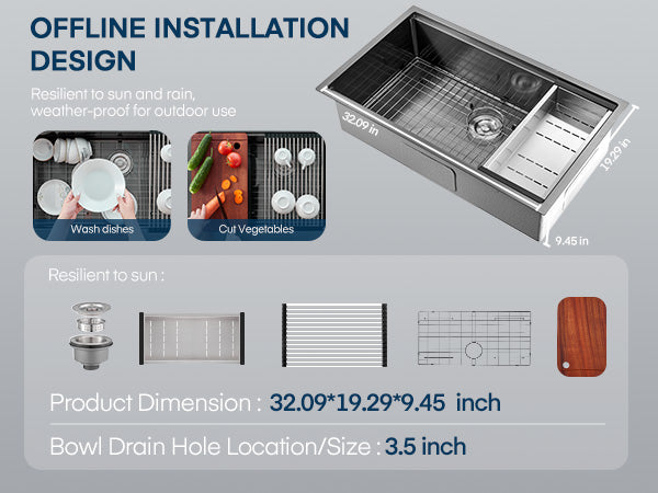 32" Farmhouse Single Basin Stainless Steel Sink, Undermount Kitchen Sink, 5-in-1