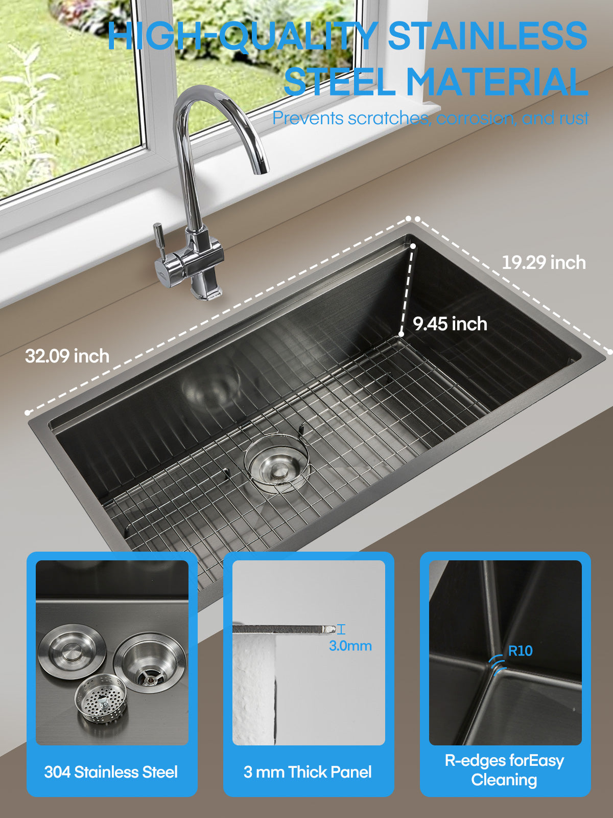 32" Farmhouse Single Basin Stainless Steel Sink, Undermount Kitchen Sink, 5-in-1