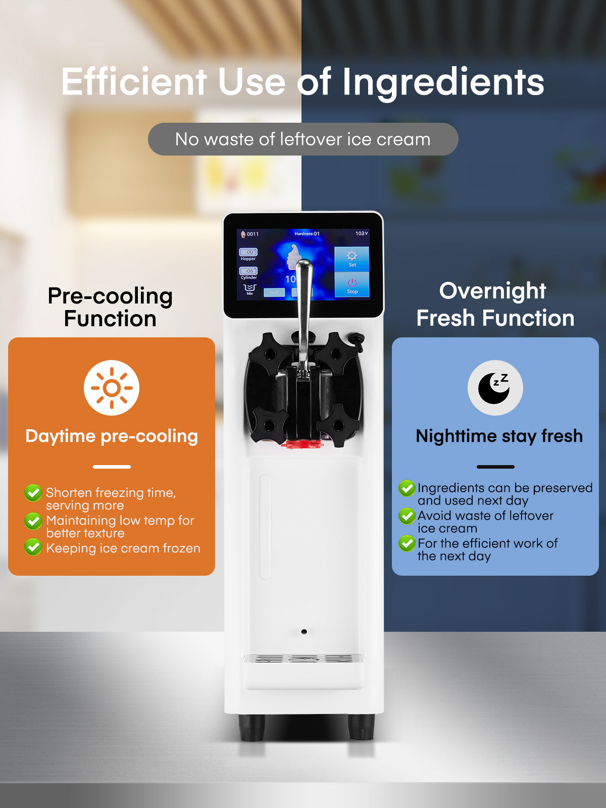Commercial Ice Cream Maker 2.6-5.3 Gal/H Yield, Pre-cooling 1000W Soft Serve Ice Cream Machine, 1000W 4.5L Hopper 1.6L Cylinder Touch Screen Auto Clean, for Café Snack Bar Food Truck Restaurant, White