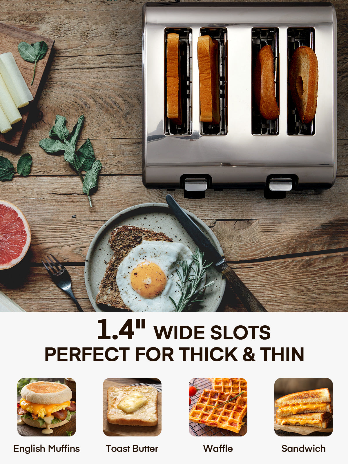4-Slice Toaster -Stainless Steel Toaster Wide Slot, with Dual Control Panels, 6 Shade Settings, Removable Crumb Tray, Defrost, Reheat, Cancel
