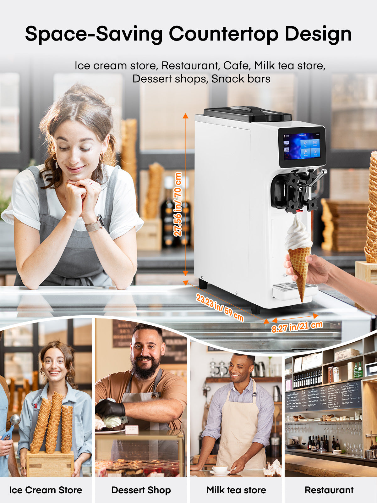 Commercial Ice Cream Maker 2.6-5.3 Gal/H Yield, Pre-cooling 1000W Soft Serve Ice Cream Machine, 1000W 4.5L Hopper 1.6L Cylinder Touch Screen Auto Clean, for Café Snack Bar Food Truck Restaurant, White