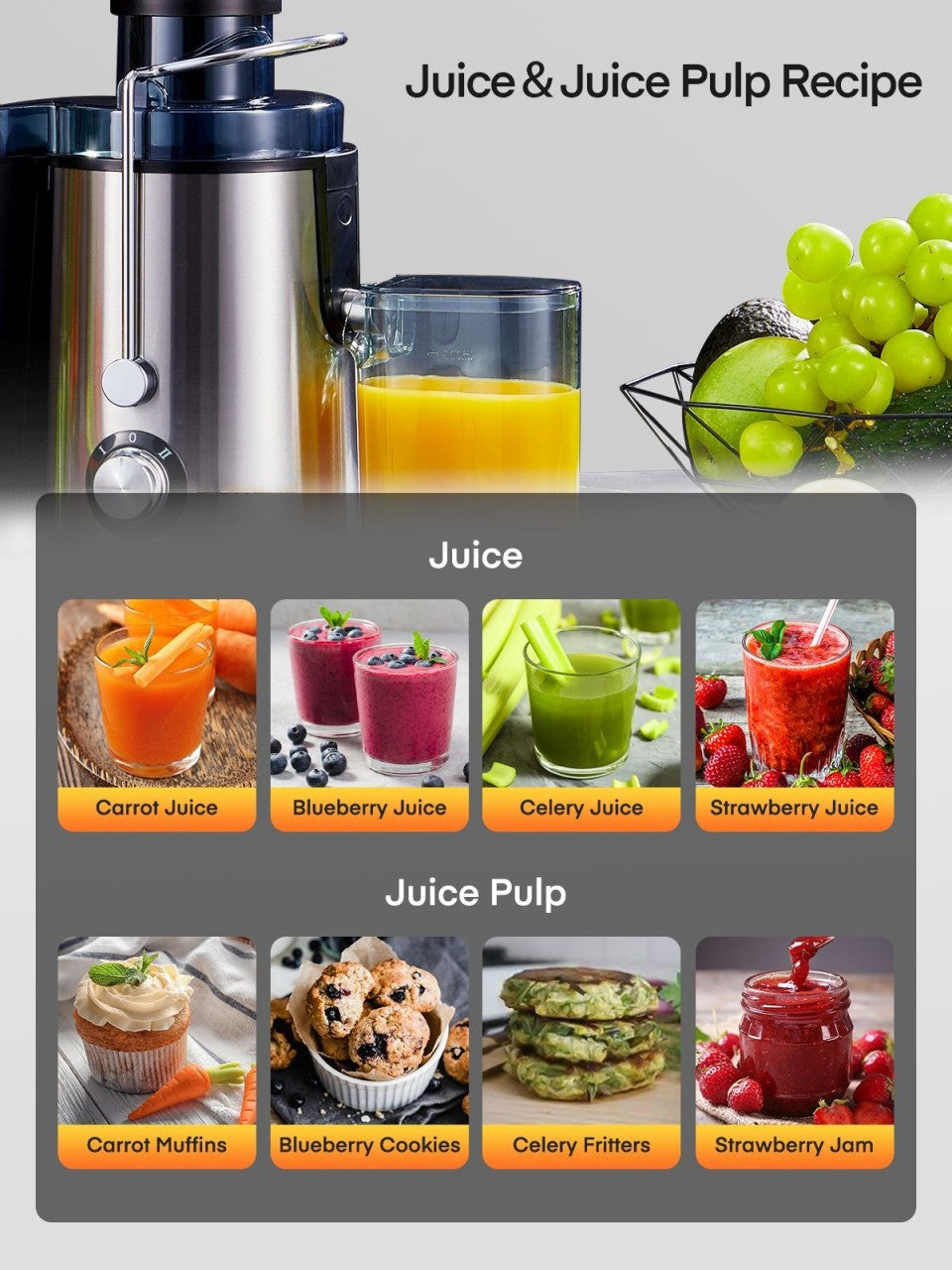 FOHERE Juicer Machines, Juicer Machines Vegetable and Fruit Easy to Clean with 3" Wide Mouth, Compact Centrifugal Juicer Extractor Anti-Drip with Dual Speeds, Recipe & Brush