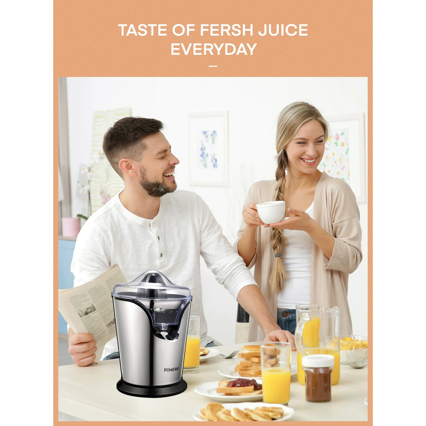 FOHERE Orange Juice Squeezer Electric Citrus Juicer with Two Interchangeable Cones Suitable for orange, lemon and Grapefruit, Brushed Stainless Steel