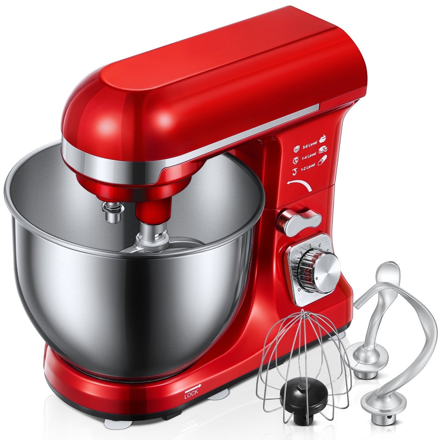 FOHERE Stand Mixer with Double Hook, 6 Speeds, 5.5Qt Stainless Steel Bowl, Beater and Whisk Red