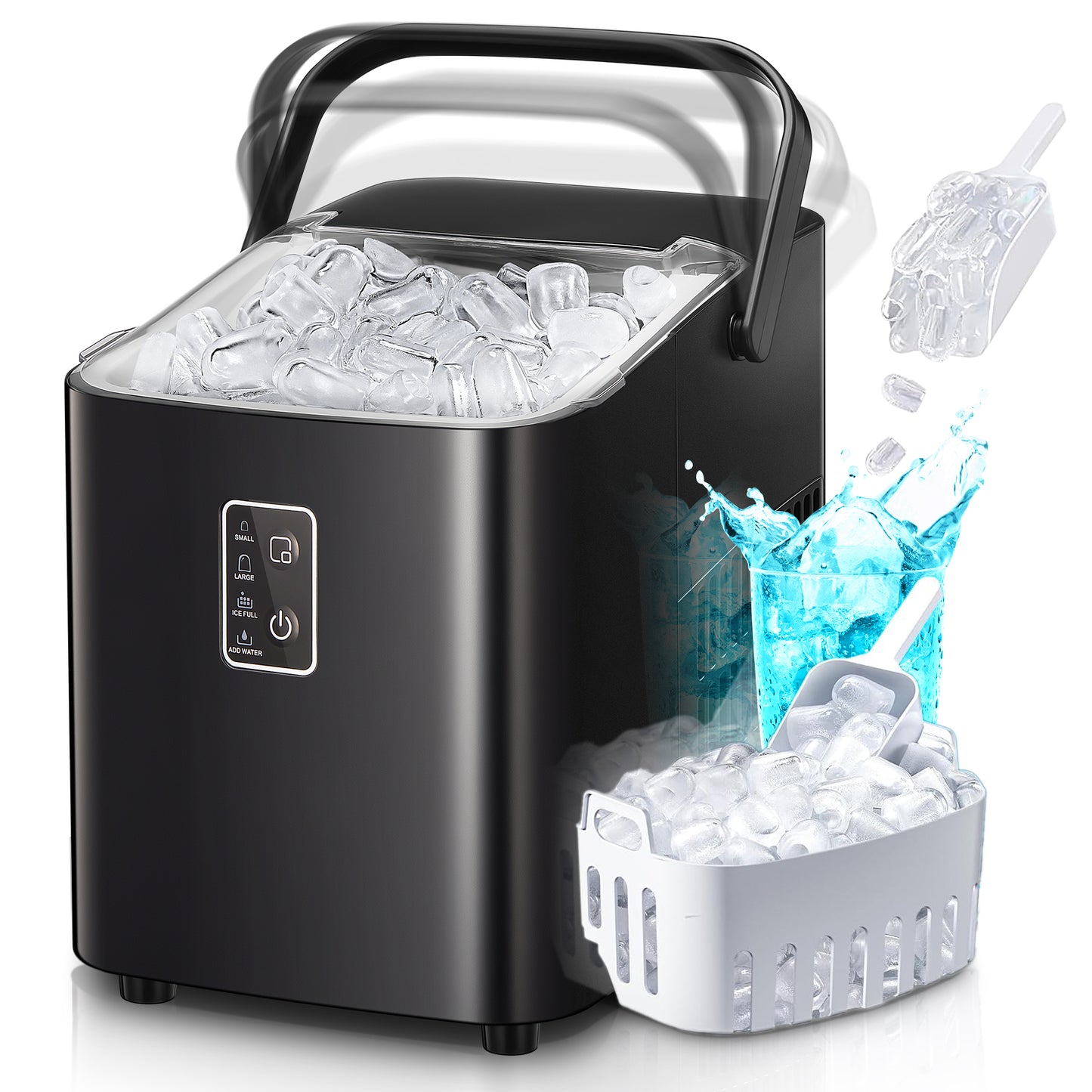 Countertop Ice Maker 𝒘𝒊𝒕𝒉 𝑯𝒂𝒏𝒅𝒍𝒆, 𝟐𝟖𝒍𝒃𝒔 𝒊𝒏 𝟐𝟒𝑯, 2 Sizes of Bullet Ice, Portable Ice Maker Machine Self-Cleaning, Ice Ready in 6 Mins, Ice Scoop & Basket, Home/Kitchen/Camping/RV