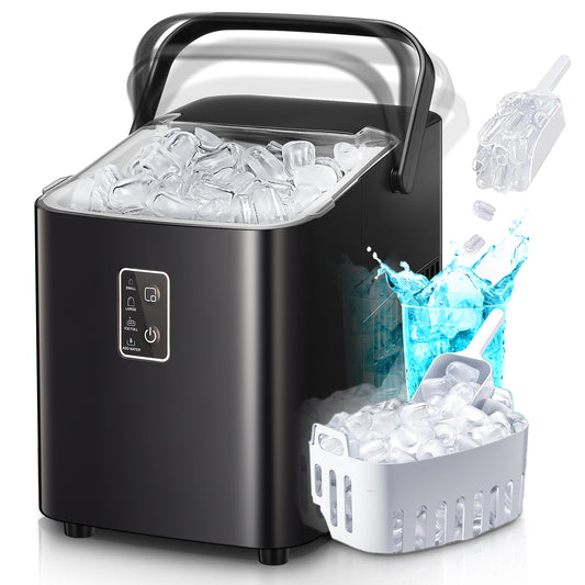 Countertop Ice Maker 𝒘𝒊𝒕𝒉 𝑯𝒂𝒏𝒅𝒍𝒆, 𝟐𝟖𝒍𝒃𝒔 𝒊𝒏 𝟐𝟒𝑯, 2 Sizes of Bullet Ice, Portable Ice Maker Machine Self-Cleaning, Ice Ready in 6 Mins, Ice Scoop & Basket, Home/Kitchen/Camping/RV