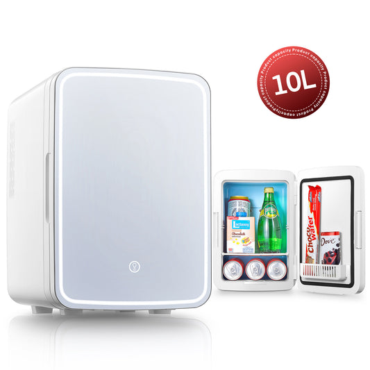10 L Mini Fridge, Small Bedroom Refrigerator Led Mirror Door with 3-Mode, Cooler & Warmer for Dorm, Office