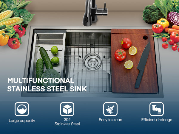 32" Farmhouse Single Basin Stainless Steel Sink, Undermount Kitchen Sink, 5-in-1