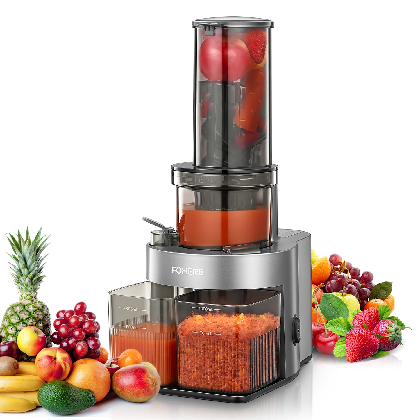 Fohere Cold Press Juicer Extractor, Juicer Machines Vegetable and Fruit Fit Whole Fruits & Vegetables with 4.72" Wide Mouth Easy to Clean, Slow Masticating Juicer with Reverse Function, Quiet Motor