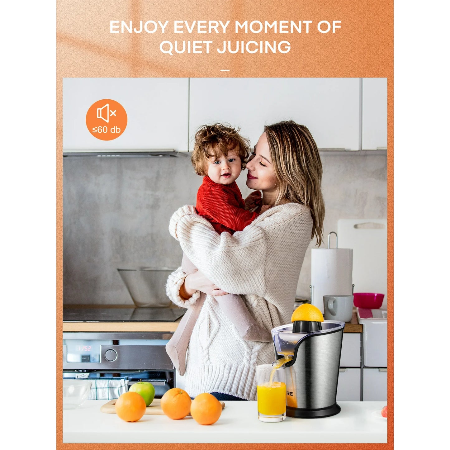 FOHERE Orange Juice Squeezer Electric Citrus Juicer with Two Interchangeable Cones Suitable for orange, lemon and Grapefruit, Brushed Stainless Steel