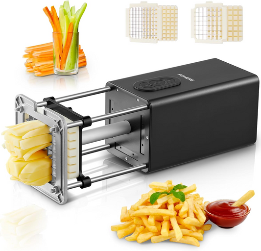 Electric French Fry Cutter, French Fries Cutter with 1/2 & 3/8 Inch Stainless Steel Blade, Home Potato Cutter for Potatoes, Carrot, Apple, Cucumbers