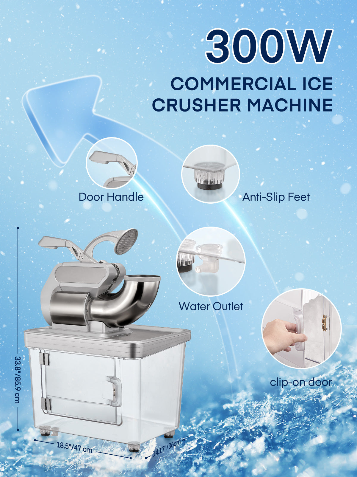 Ice Crusher 660LBS/H, 300W Electric Snow Cone Machine with Dual Blades, Stainless Steel Shaved Ice Machine