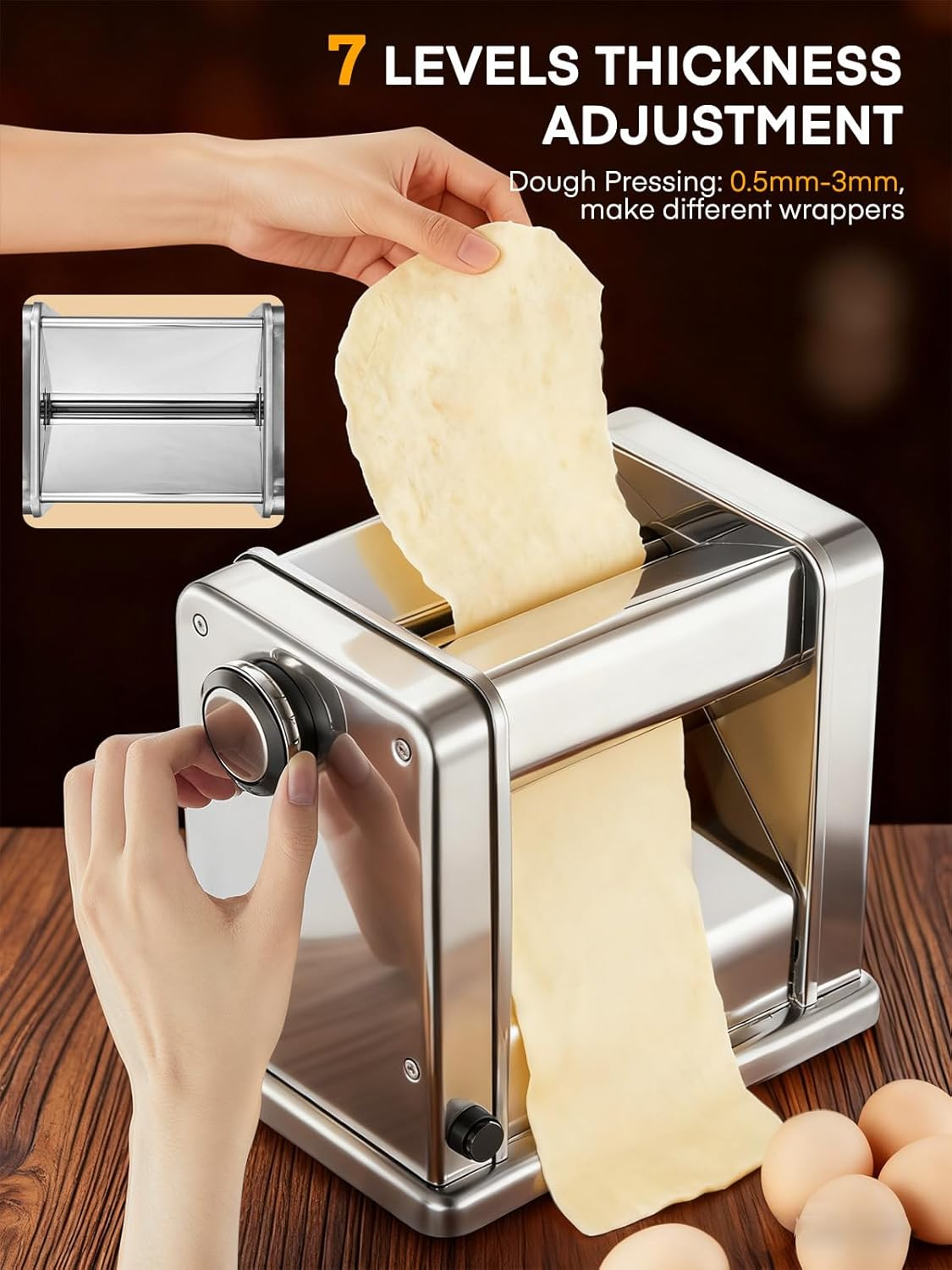Electric Pasta Maker, 1.5mm Round Noodles/6.6mm Flat Noodles, Fully Automatic, 7 Adjustable Thickness Settings (0.5-3mm), Stainless Steel, FOHERE