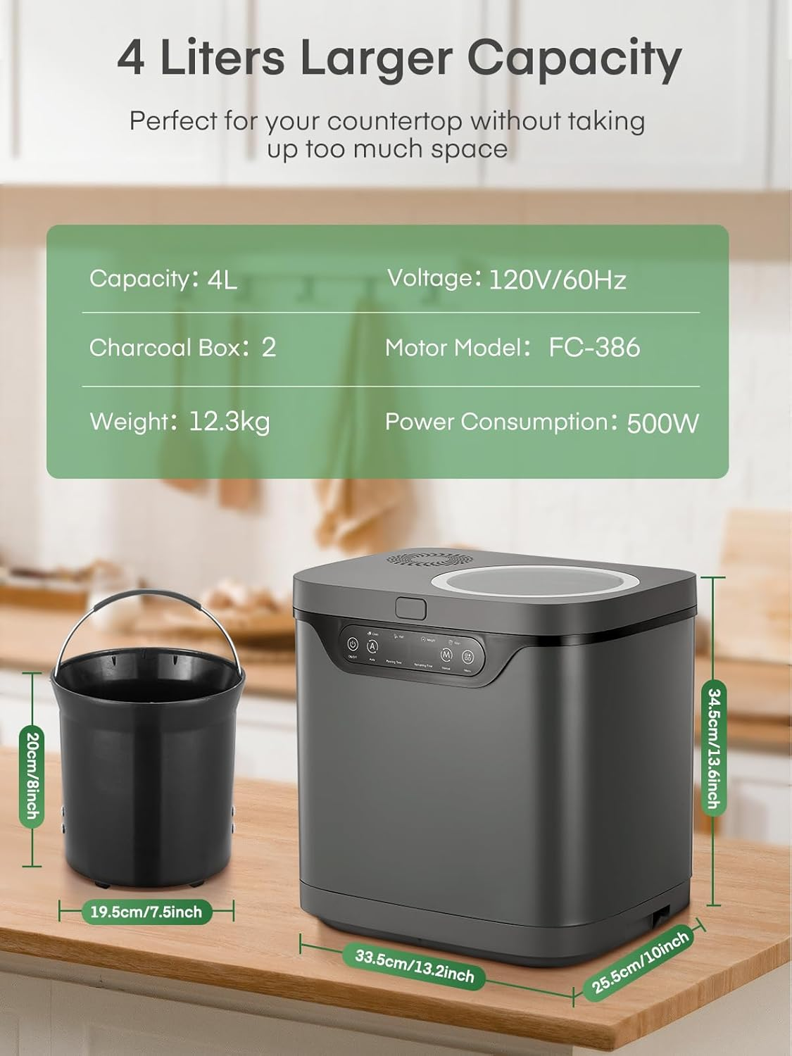 FOHERE 4L Electric Kitchen Composter with Carbon Filter, Viewing Window, Countertop Food Waste Recycler, Auto-Clean