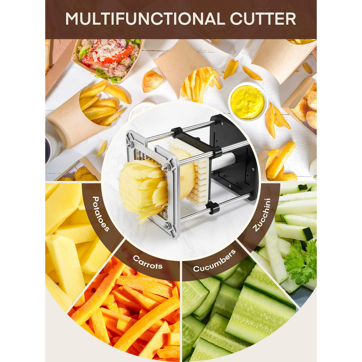 Electric French Fries Cutter, Professional Commercial and Home Use, Stainless Steel with 1/2 and 3/8 Inch Blades, Automatic Vegetable and Fruit Chopper (Black)