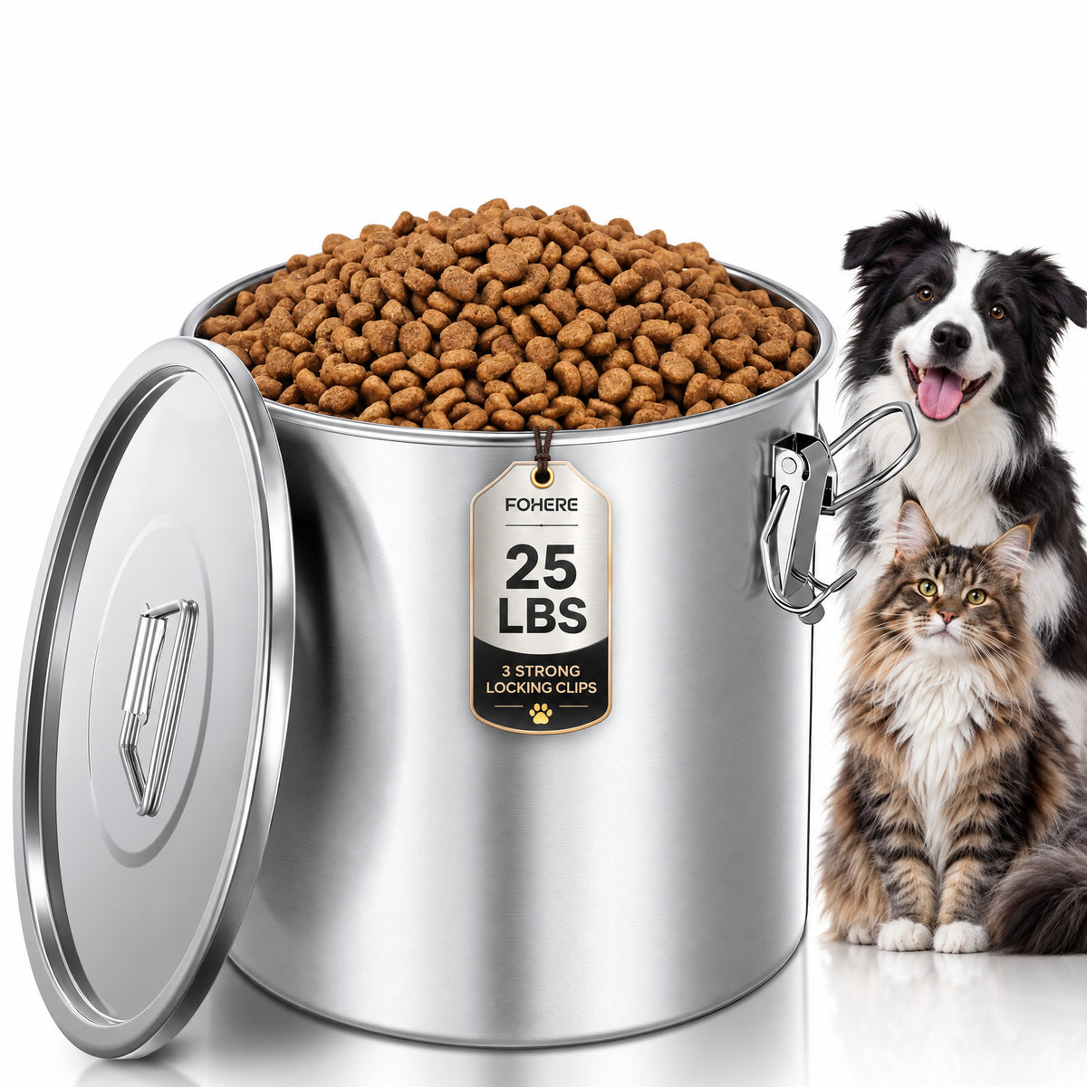 FOHERE Stainless Steel Dog Food Storage Container 25-30 LBS, Airtight Locking Lid Pet Food Bin, Moisture Proof Kibble Storage for Dogs Cats, Keep Fresh Easy to Clean