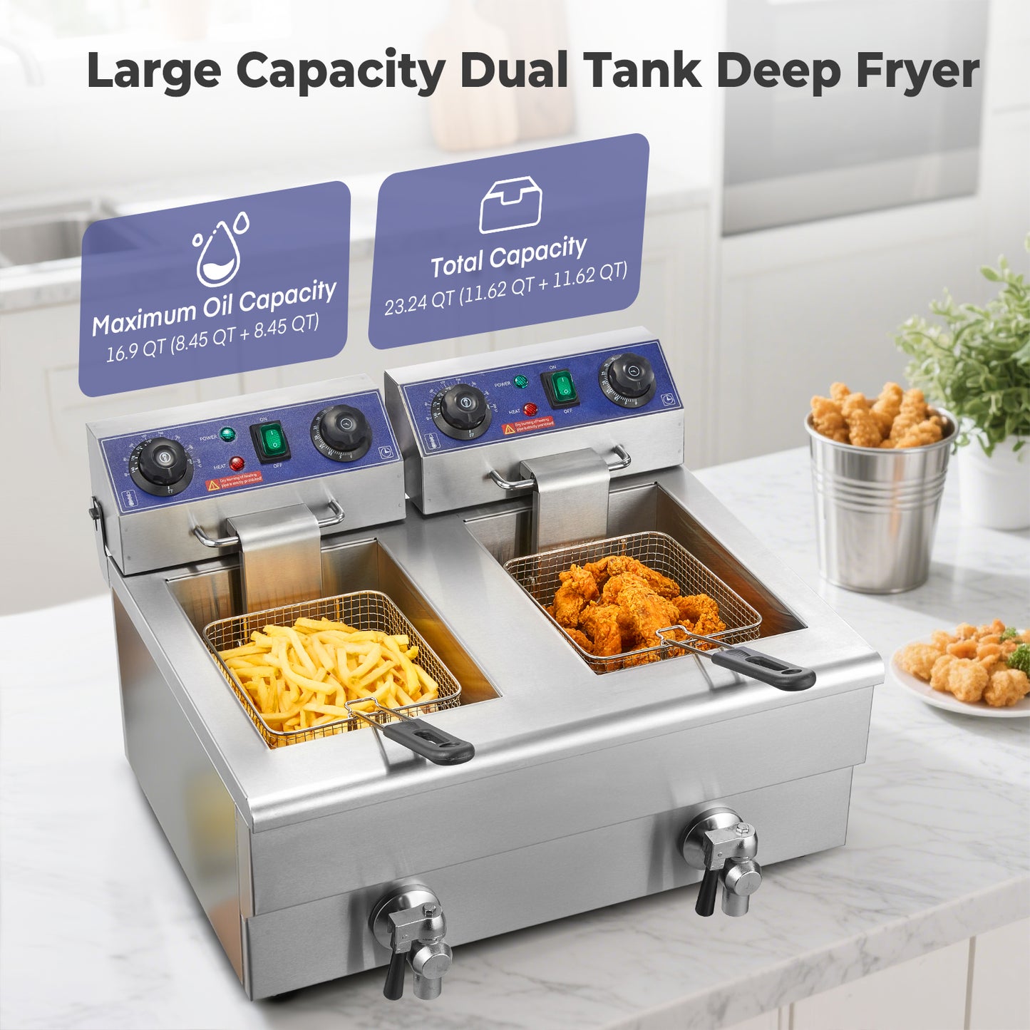 FOHERE Deep Fryer with Basket and Lid, 23.3Qt/22L Electric Deep Fryer with Oil Filtration, Time & Temp Control, 3000W