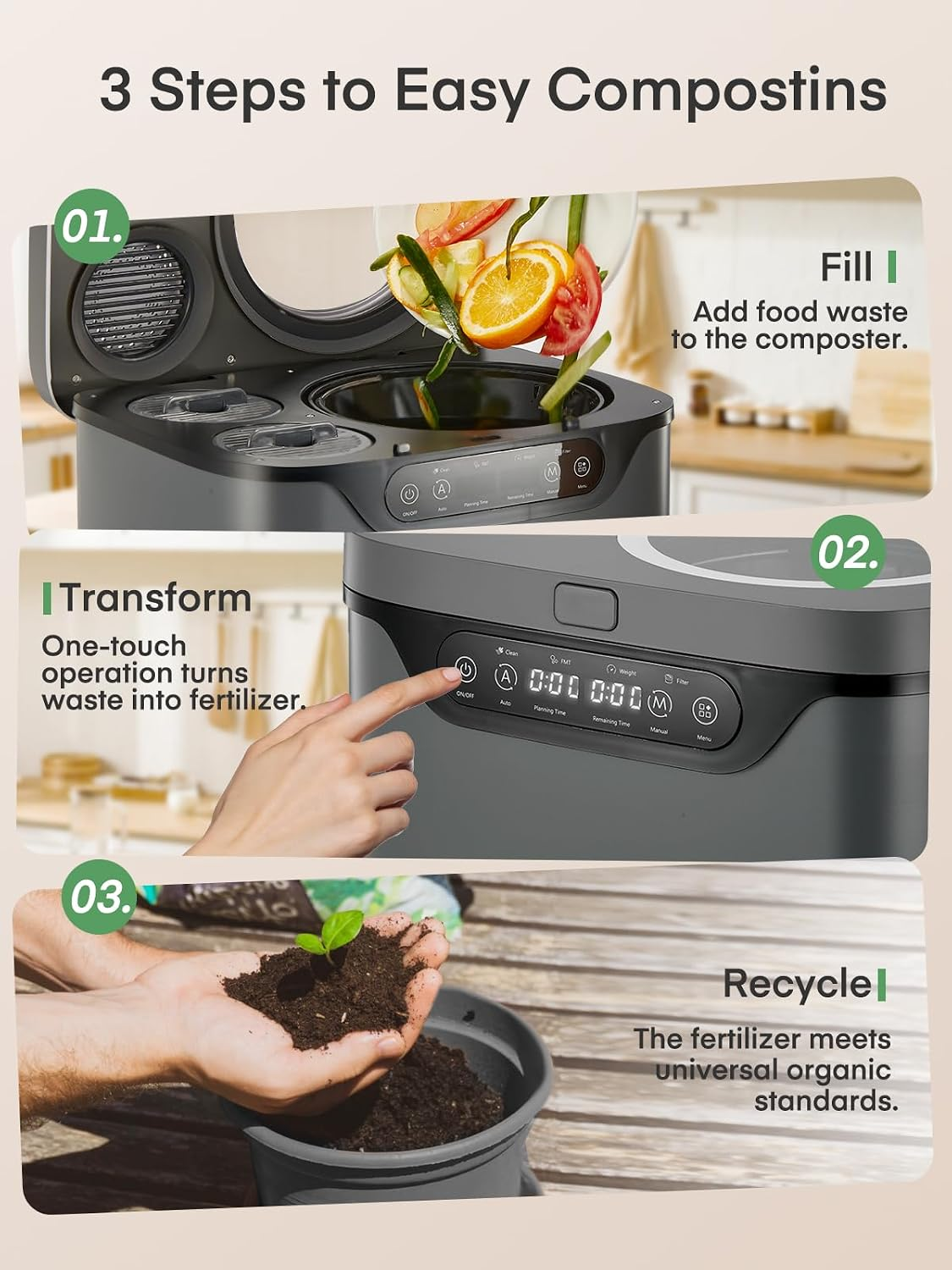 FOHERE 4L Electric Kitchen Composter with Carbon Filter, Viewing Window, Countertop Food Waste Recycler, Auto-Clean