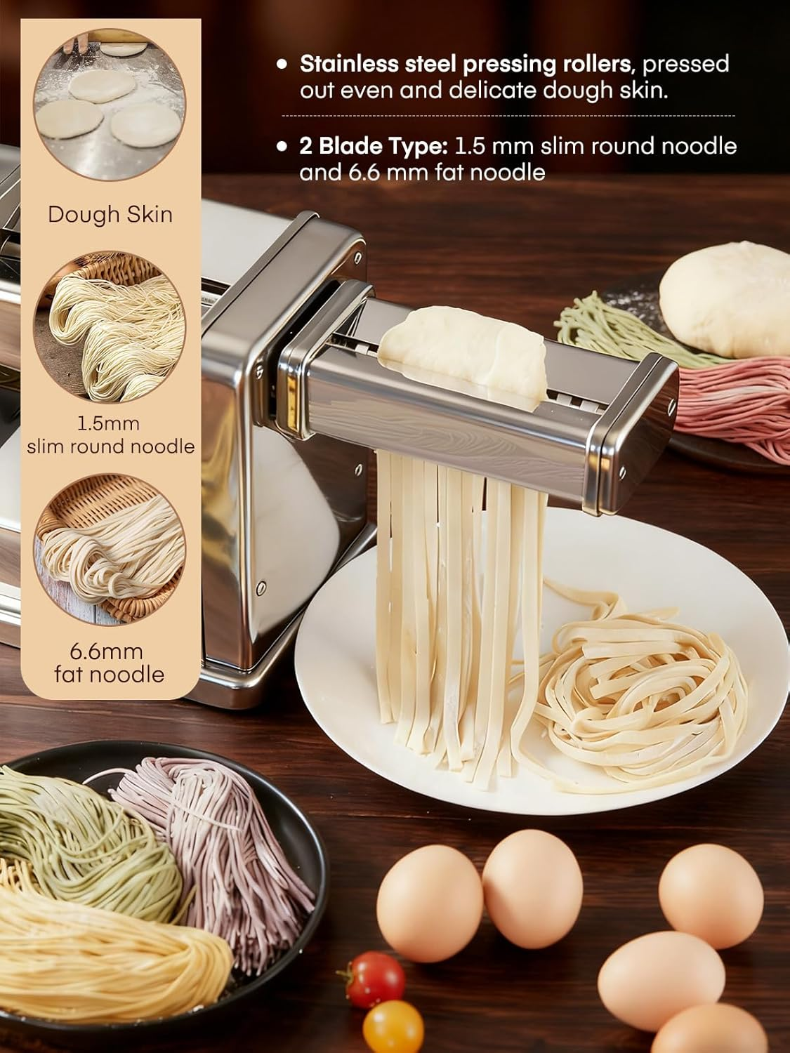 Electric Pasta Maker, 1.5mm Round Noodles/6.6mm Flat Noodles, Fully Automatic, 7 Adjustable Thickness Settings (0.5-3mm), Stainless Steel, FOHERE