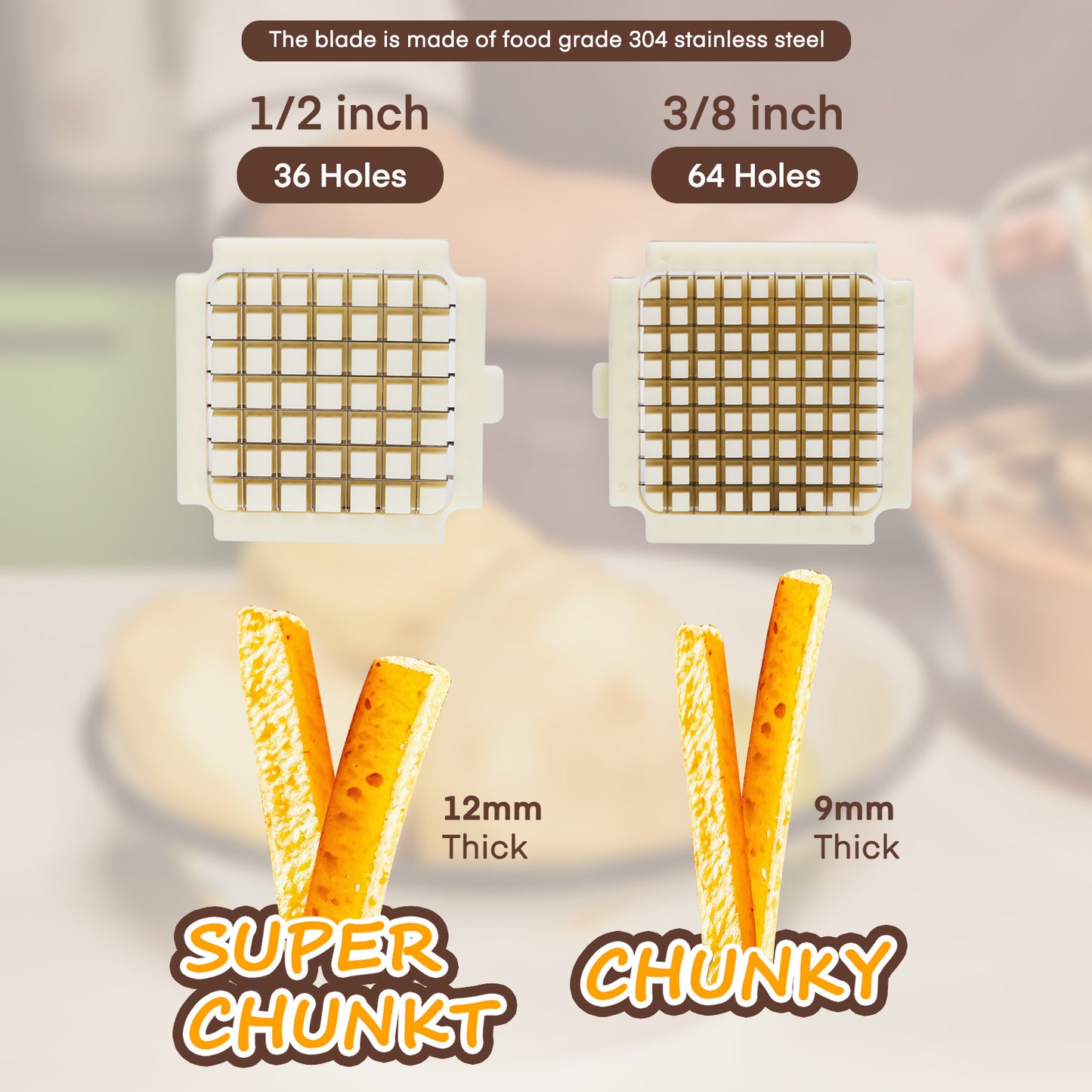 Electric French Fry Cutter, French Fries Cutter with 1/2 & 3/8 Inch Stainless Steel Blade, Home Potato Cutter for Potatoes, Carrot, Apple, Cucumbers