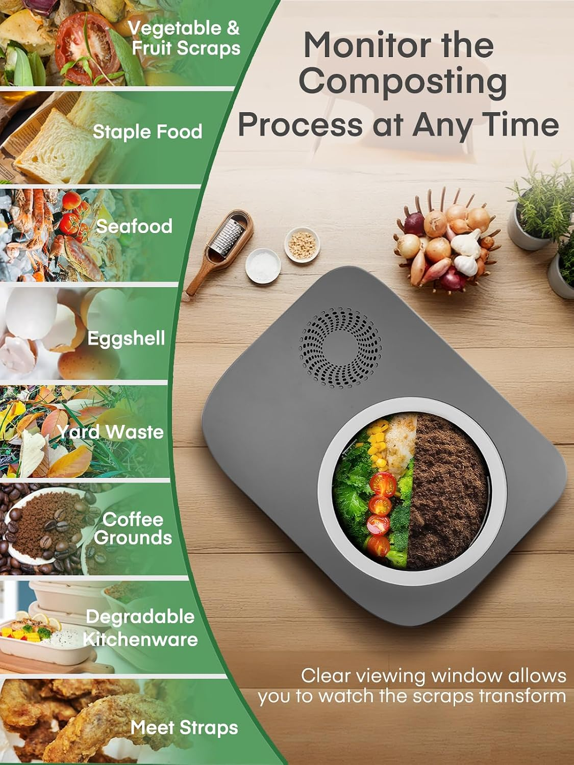 FOHERE 4L Electric Kitchen Composter with Carbon Filter, Viewing Window, Countertop Food Waste Recycler, Auto-Clean