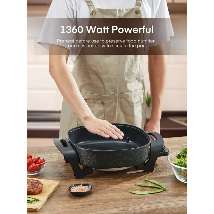 Electric Skillet, 12 Inch Deep Non Stick Electric Frying Pan with Standable Glass Lid, 3 Marked Heating Levels, Heat Resistant Handles, 1360W, Black, 6x12x2.8 inch