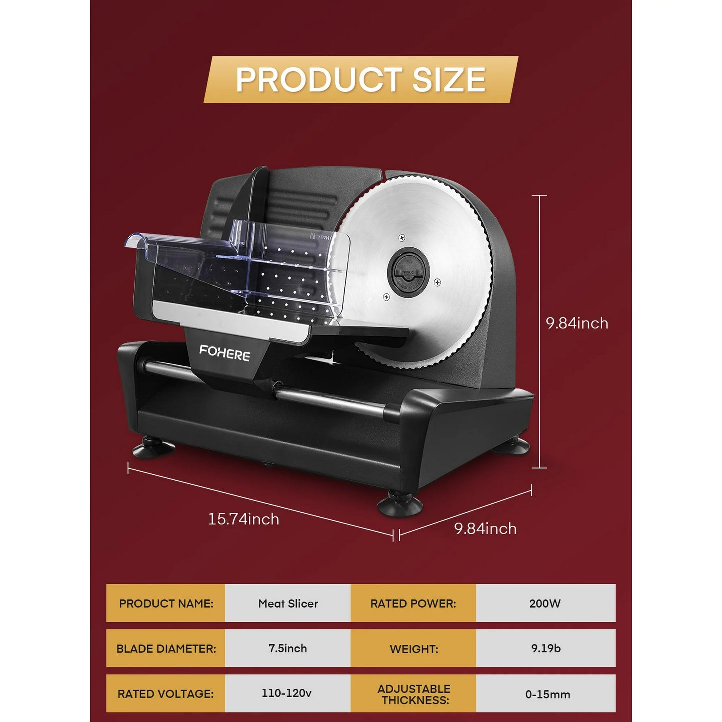 Meat Slicer, 200W Electric Food Slicer, with 7.5Inch Dual Stainless Steel Blades, Adjustable Thickness, Detachable, Easy Clean