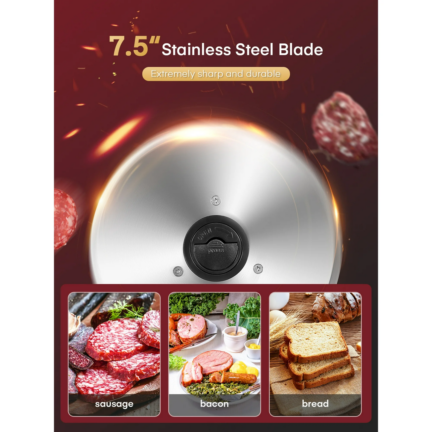Meat Slicer, 200W Electric Food Slicer, with 7.5Inch Dual Stainless Steel Blades, Adjustable Thickness, Detachable, Easy Clean