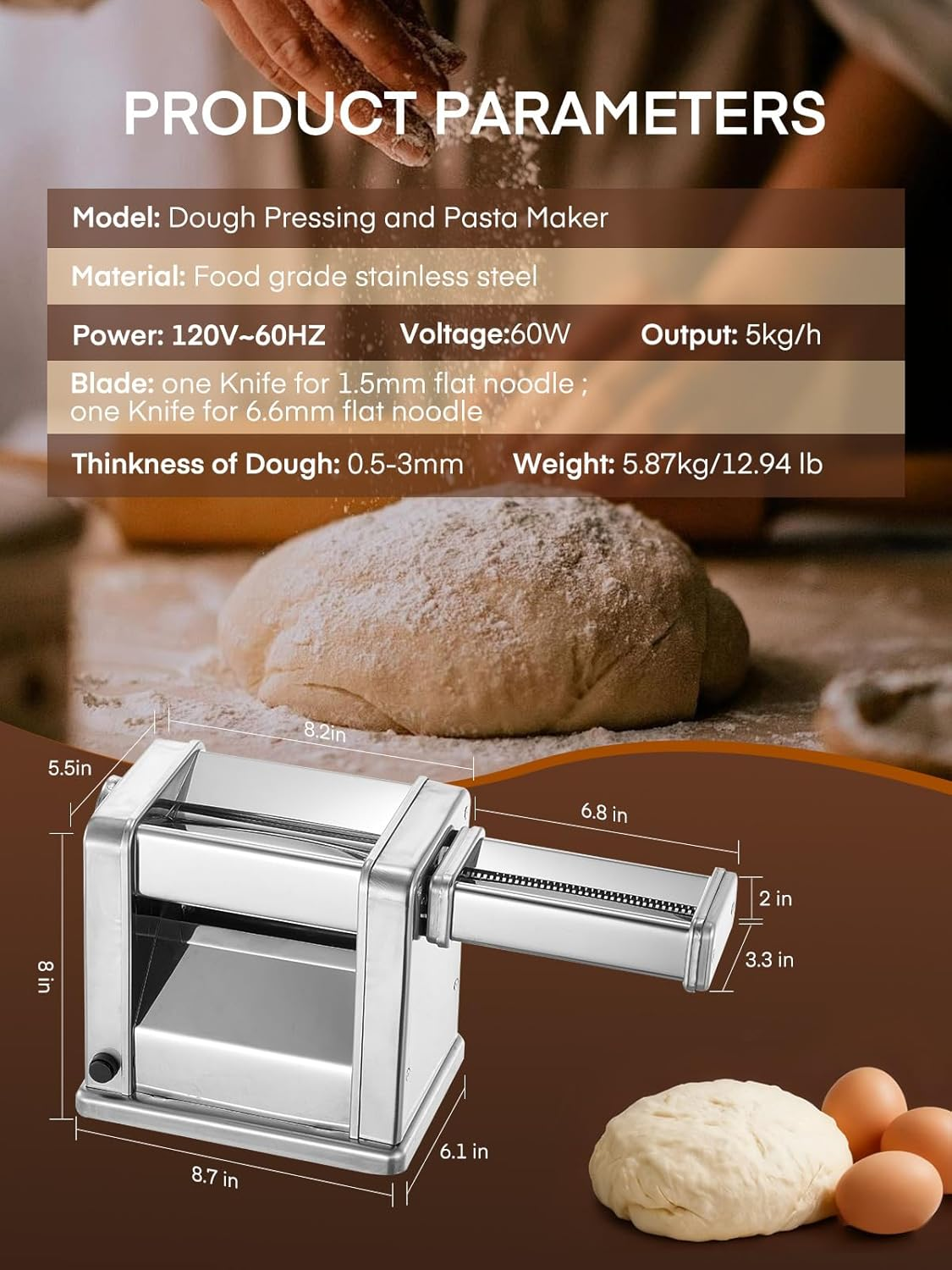 Electric Pasta Maker, 1.5mm Round Noodles/6.6mm Flat Noodles, Fully Automatic, 7 Adjustable Thickness Settings (0.5-3mm), Stainless Steel, FOHERE