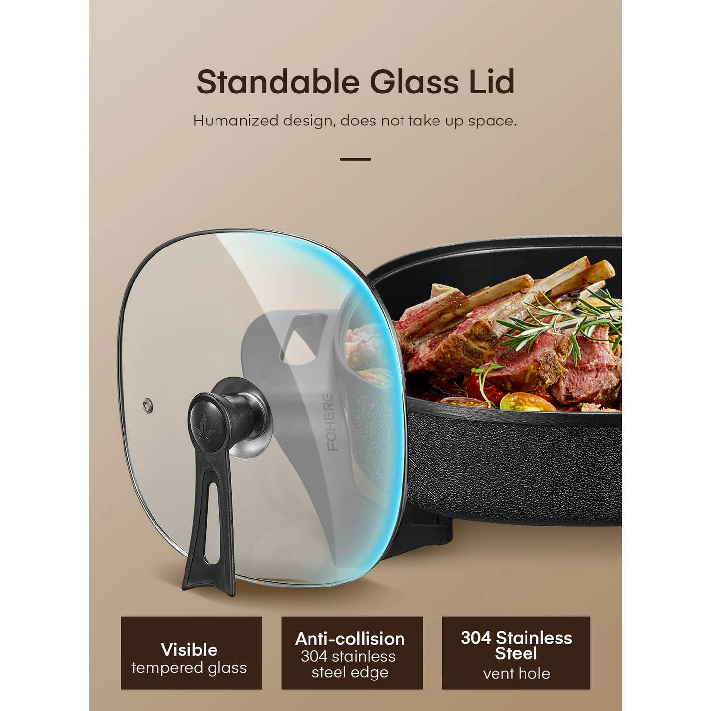 Electric Skillet, 12 Inch Deep Non Stick Electric Frying Pan with Standable Glass Lid, 3 Marked Heating Levels, Heat Resistant Handles, 1360W, Black, 6x12x2.8 inch