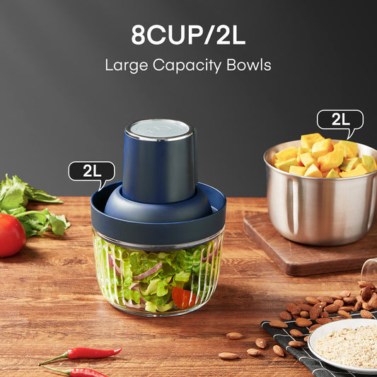 Food Processor, Electric Meat Grinder & Powerful 300W Food Chopper with Two Bowls (7 Cup+8 Cup) & 2 Bi-Level Blades for Nuts, Meat, Onion, Garlic, Baby Food