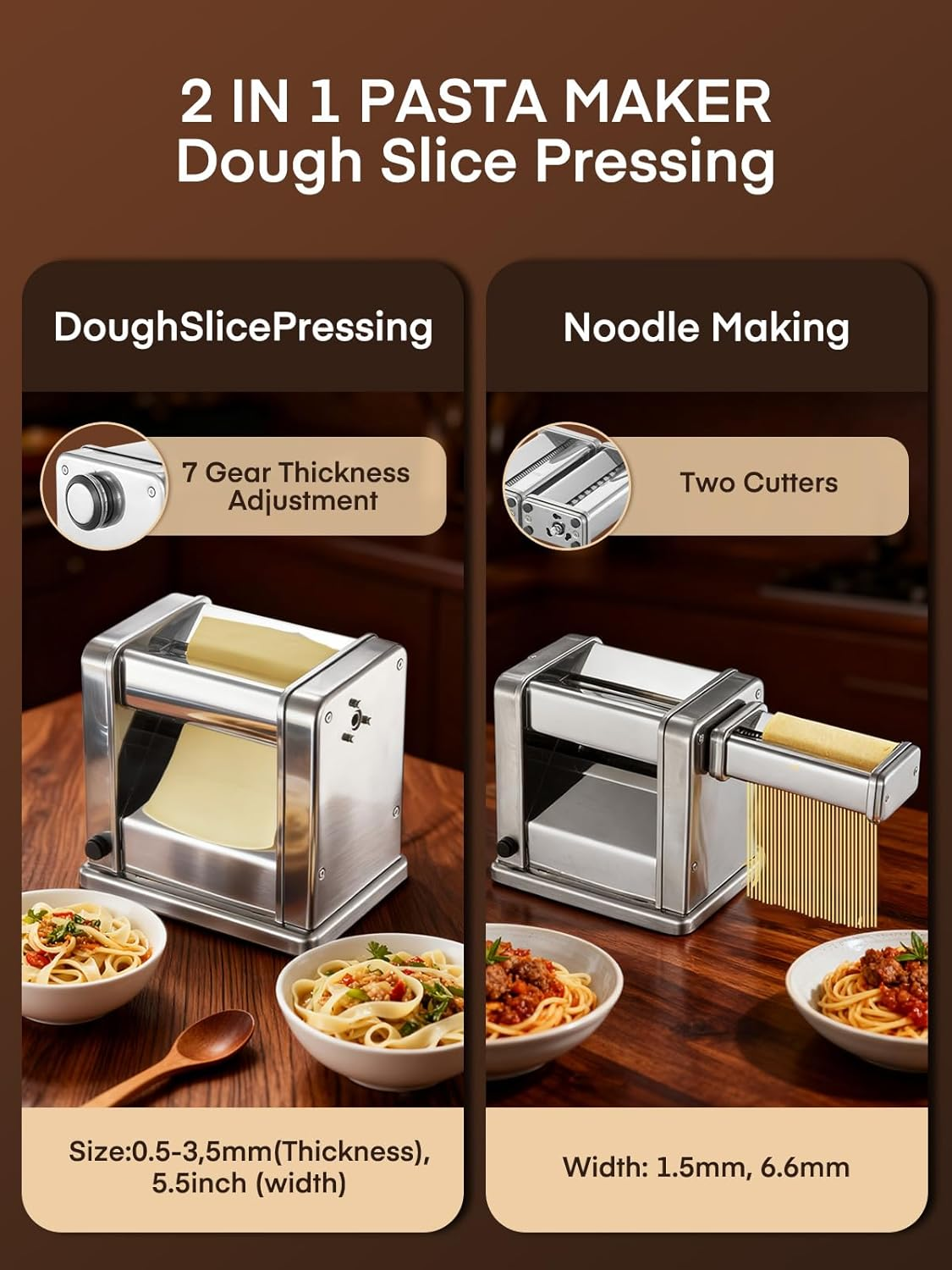 Electric Pasta Maker, 1.5mm Round Noodles/6.6mm Flat Noodles, Fully Automatic, 7 Adjustable Thickness Settings (0.5-3mm), Stainless Steel, FOHERE