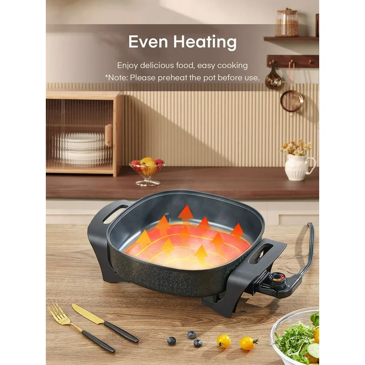 Electric Skillet, 12 Inch Deep Non Stick Electric Frying Pan with Standable Glass Lid, 3 Marked Heating Levels, Heat Resistant Handles, 1360W, Black, 6x12x2.8 inch