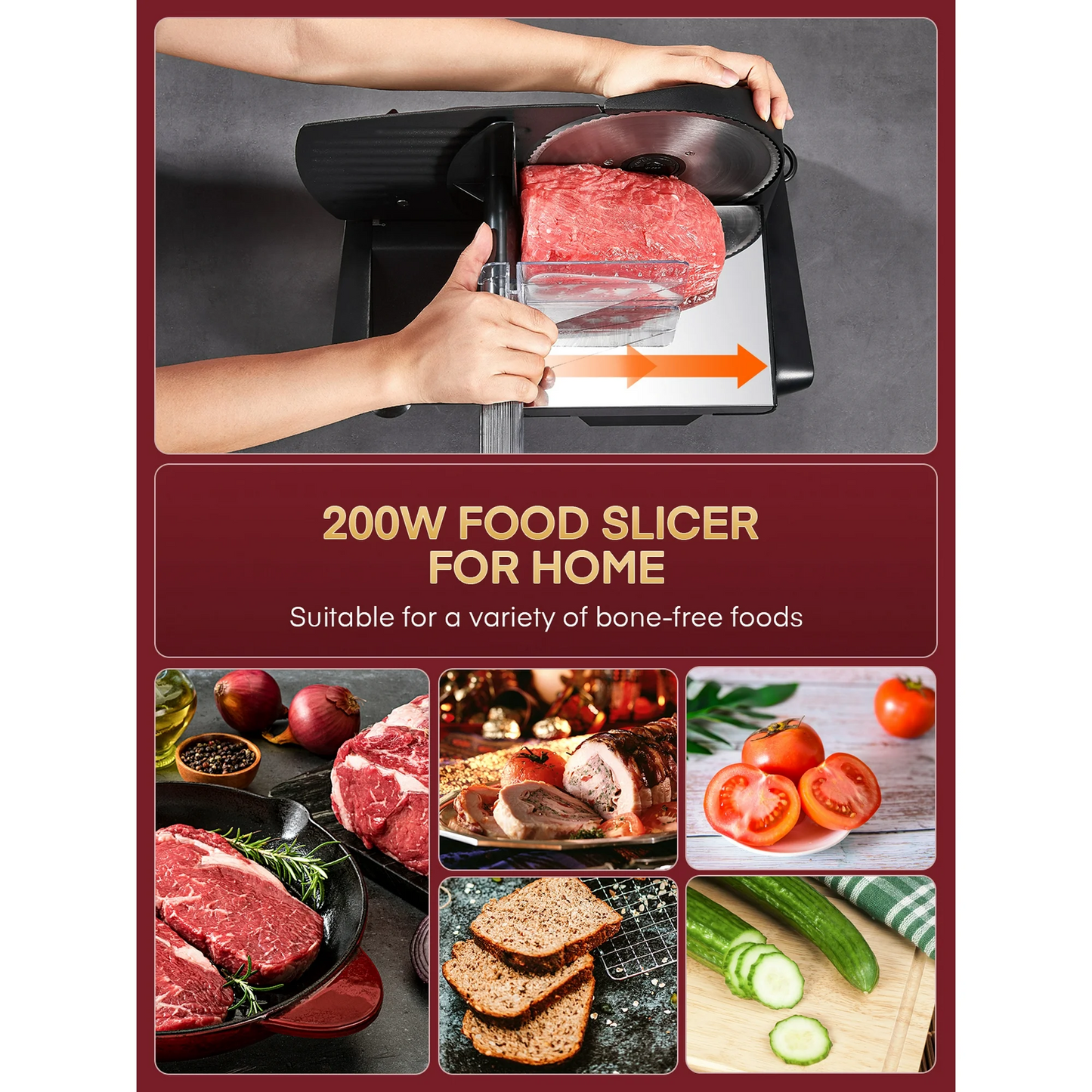 Meat Slicer, 200W Electric Food Slicer, with 7.5Inch Dual Stainless Steel Blades, Adjustable Thickness, Detachable, Easy Clean