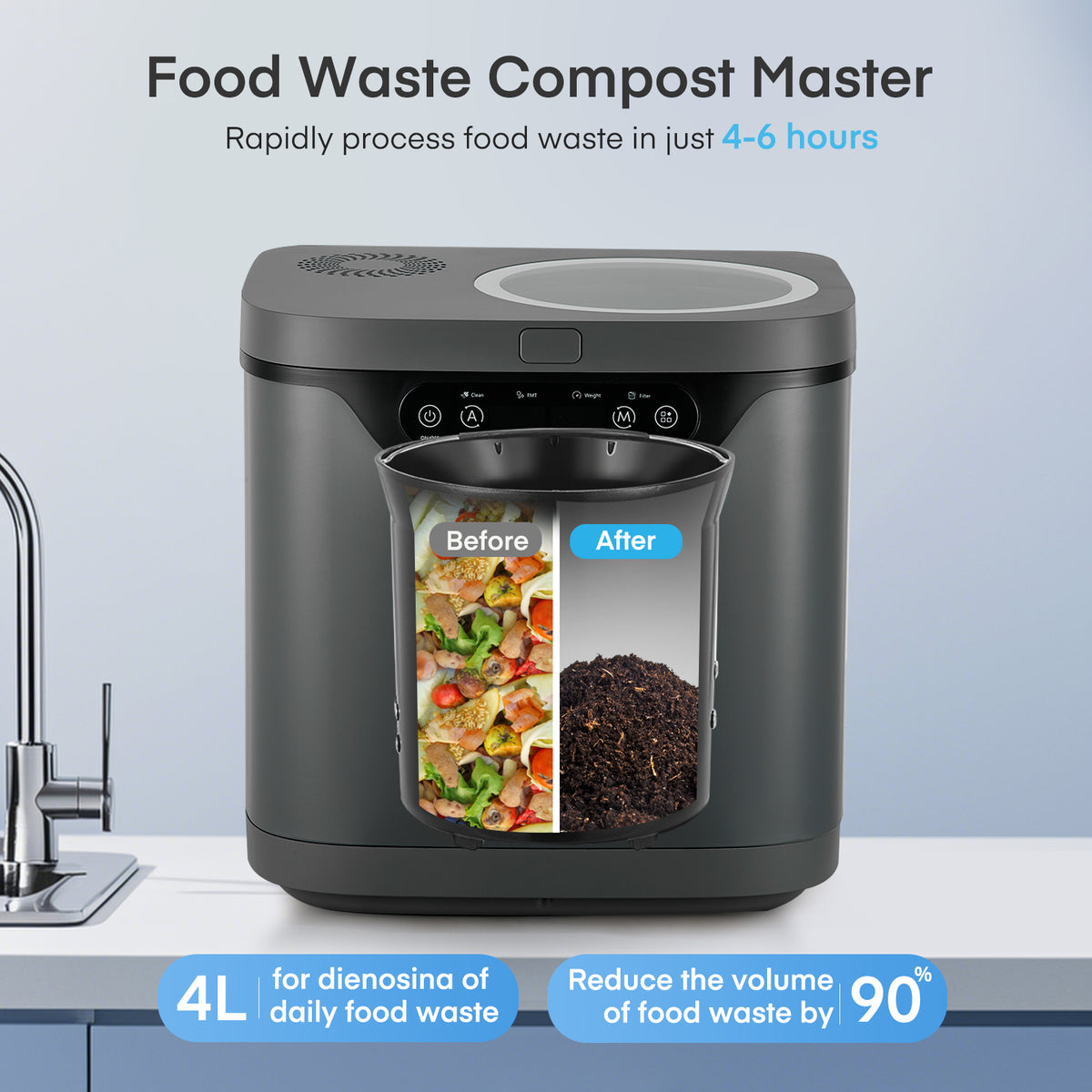 FOHERE 4L Electric Kitchen Composter with Carbon Filter, Viewing Window, Countertop Food Waste Recycler, Auto-Clean