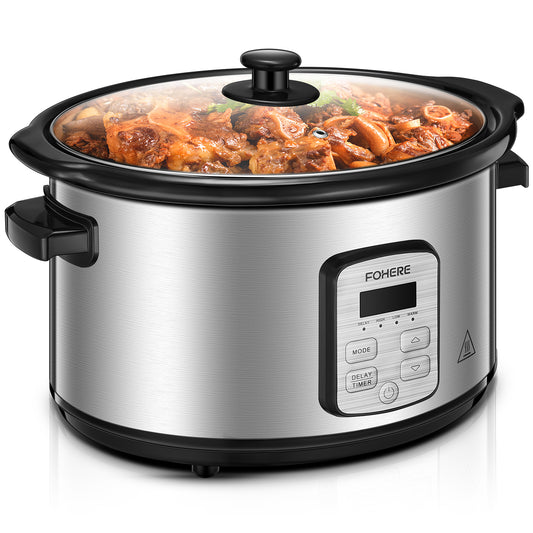 FOHERE 6.0 Qt Programmable Slow Cooker, Ceramic Ineer Pot, Adjustable Temperature & Cooking Times, Dishwasher Safe Stoneware Pot & Tempered Glass Lid