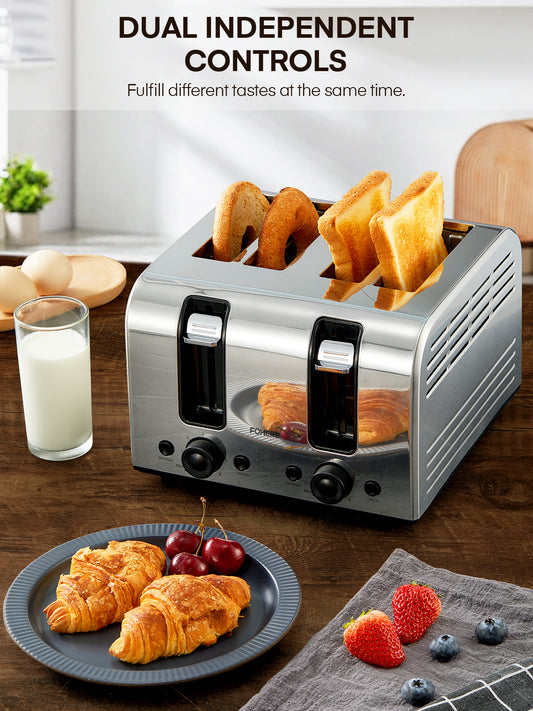 4-Slice Toaster -Stainless Steel Toaster Wide Slot, with Dual Control Panels, 6 Shade Settings, Removable Crumb Tray, Defrost, Reheat, Cancel