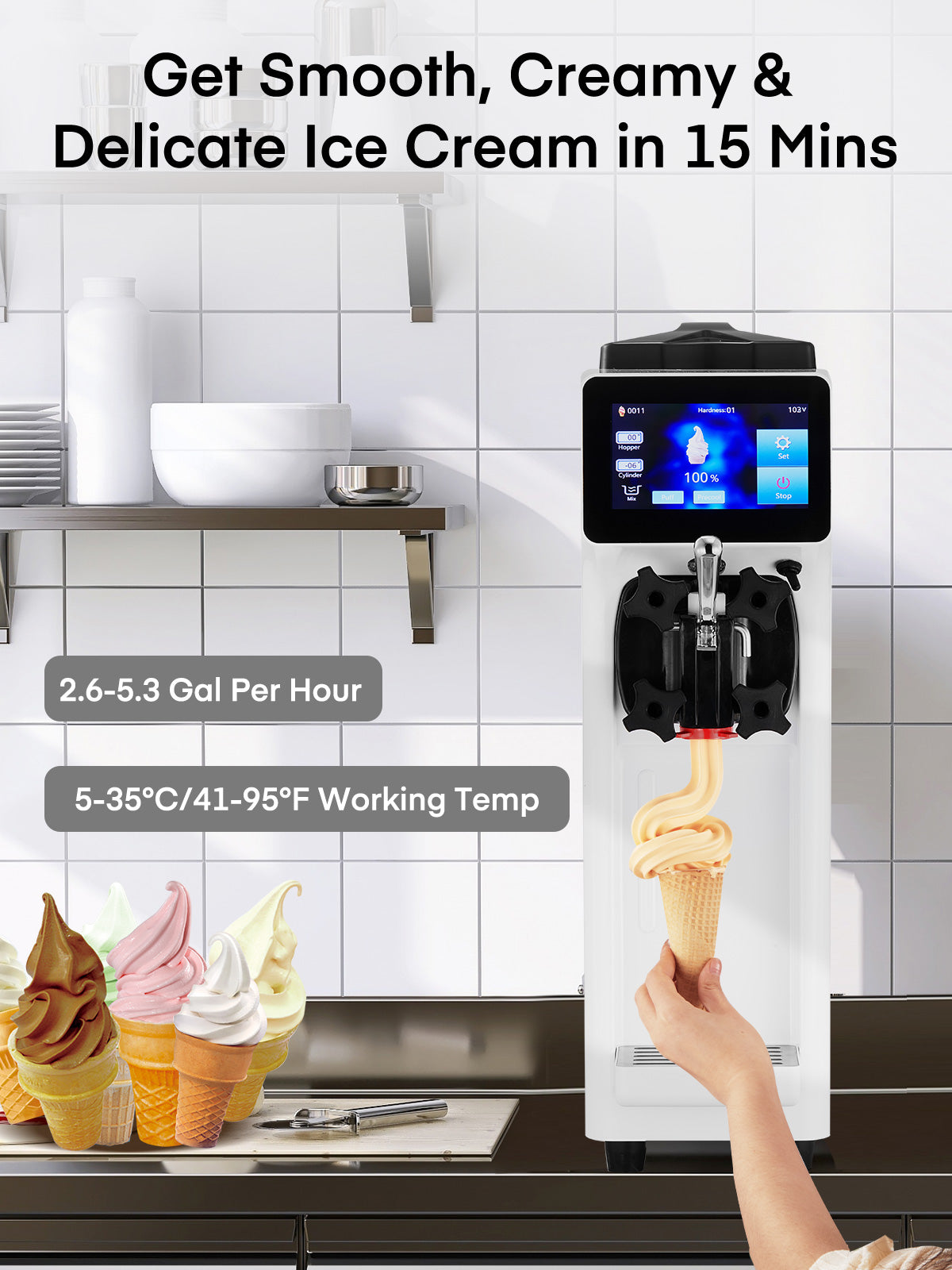 Commercial Ice Cream Maker  2.6-5.3 Gal/H Yield, Pre-cooling 1000W Soft Serve Ice Cream Machine, 1000W 4.5L Hopper 1.6L Cylinder Touch Screen Auto Clean, for Café Snack Bar Food Truck Restaurant, White